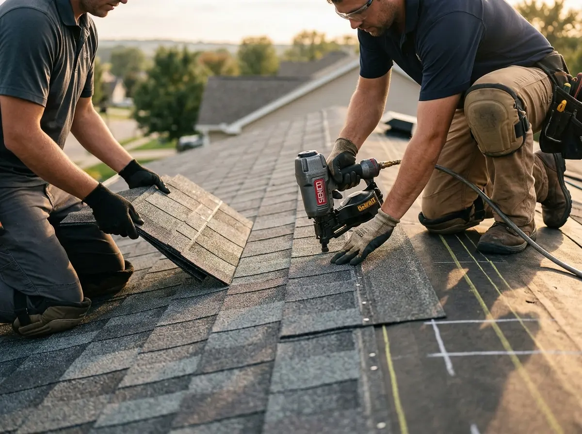Professional roofer working on a residential roof in Tehaleh
